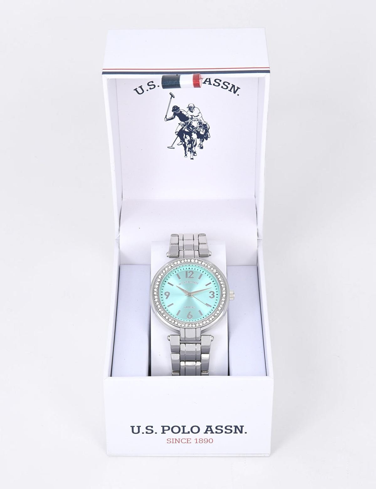 LADIES SILVER TURQUOISE EMBELLISHED LINK WATCH,USC40635UO-0000A