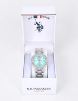 LADIES SILVER TURQUOISE EMBELLISHED LINK WATCH,USC40635UO-0000A