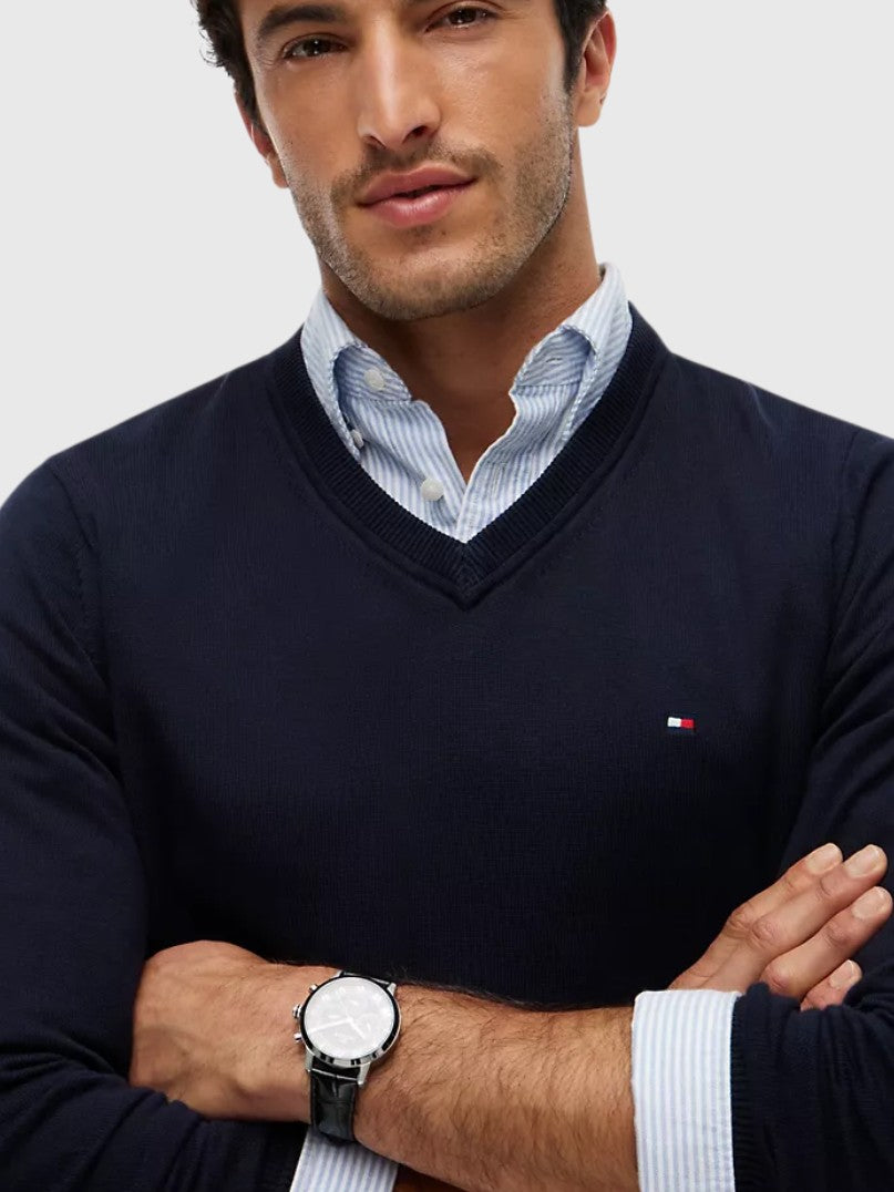 TOMMY HILFIGER Solid Logo V-Neck Sweater,78J8323-BDS