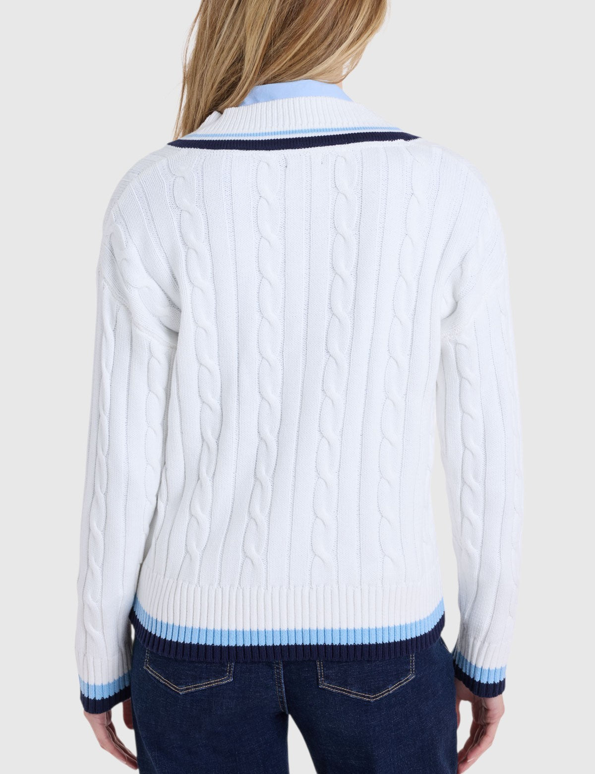 US.POLO.ASSN VARSITY STRIPE V-NECK CABLE SWEATER,21W0019-ER00A
