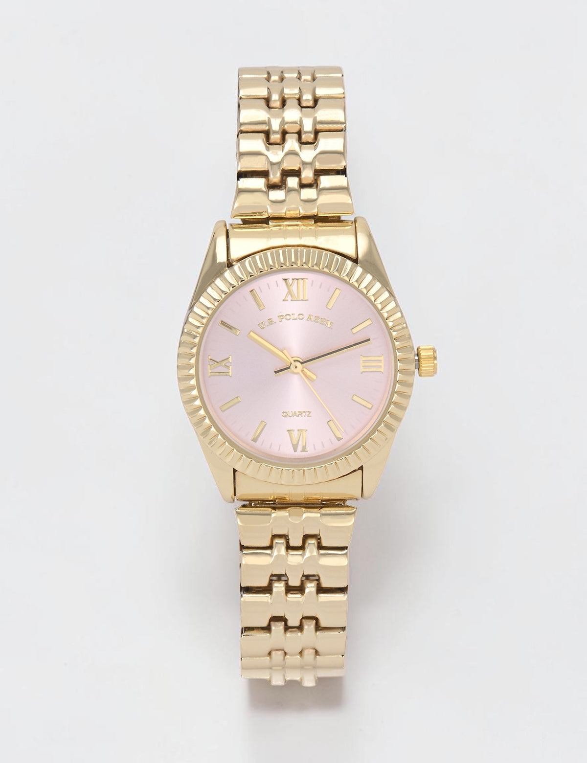 LADIES GOLD LINK ANALOG WATCH WITH PINK FACE,USC40730UO-0000A