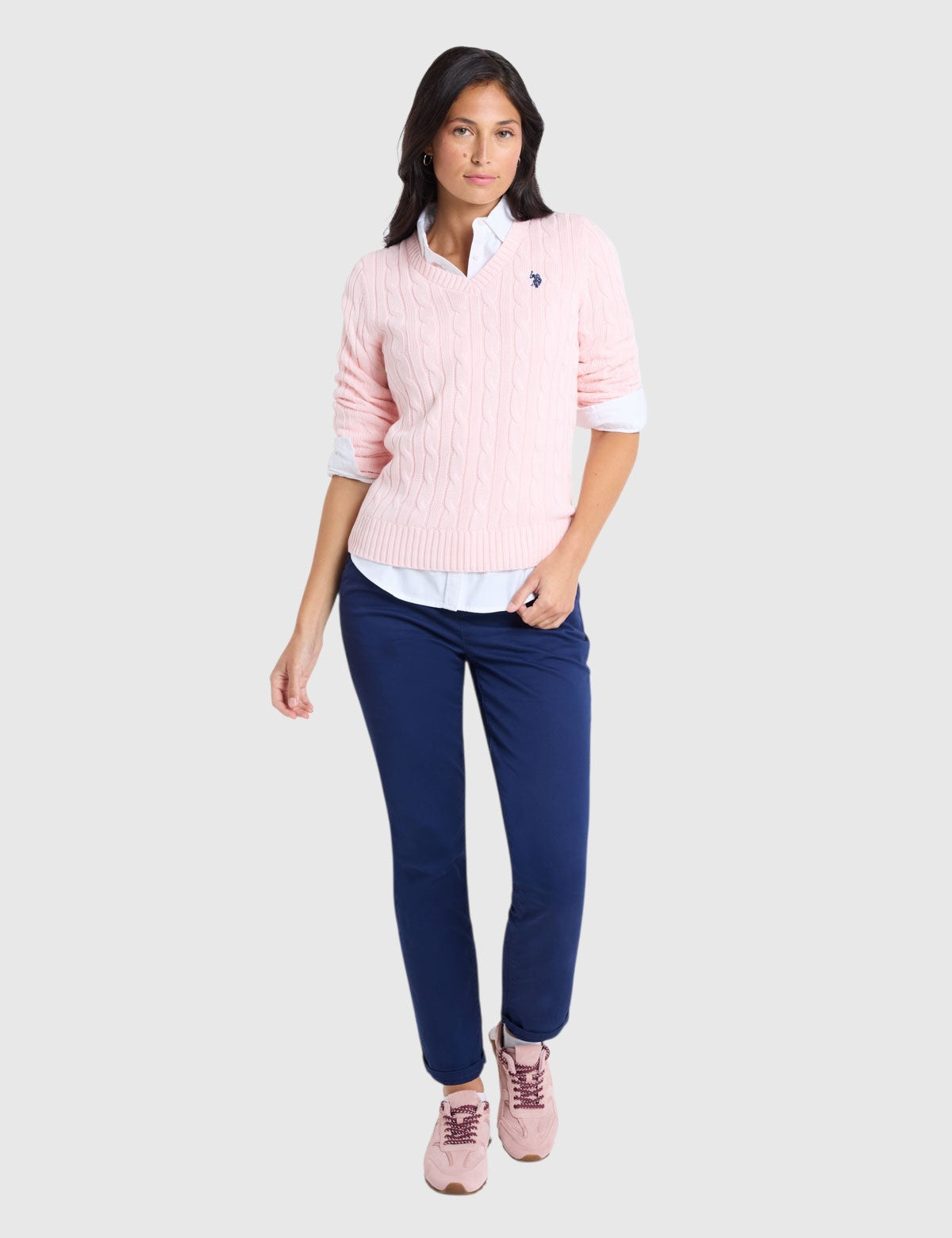 US.POLO.ASSN CABLE V-NECK SWEATER, 21W0007-EE00A