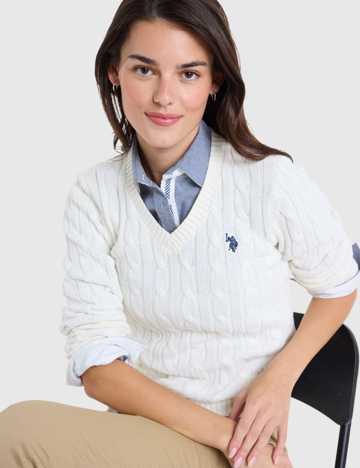 US.POLO.ASSN CABLE V-NECK SWEATER, 21W0007-EE00A