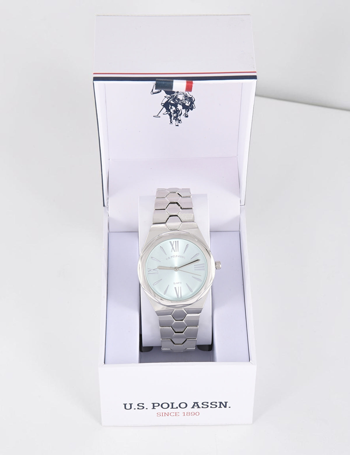 LADIES SILVER LINK WATCH WITH BLUE FACE,USC40734UO-0000A