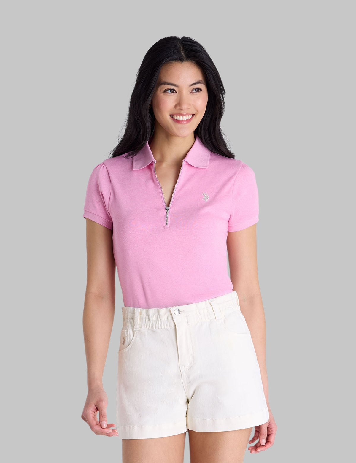 HALF ZIP PUFF SLEEVE HEATHER POLO SHIRT