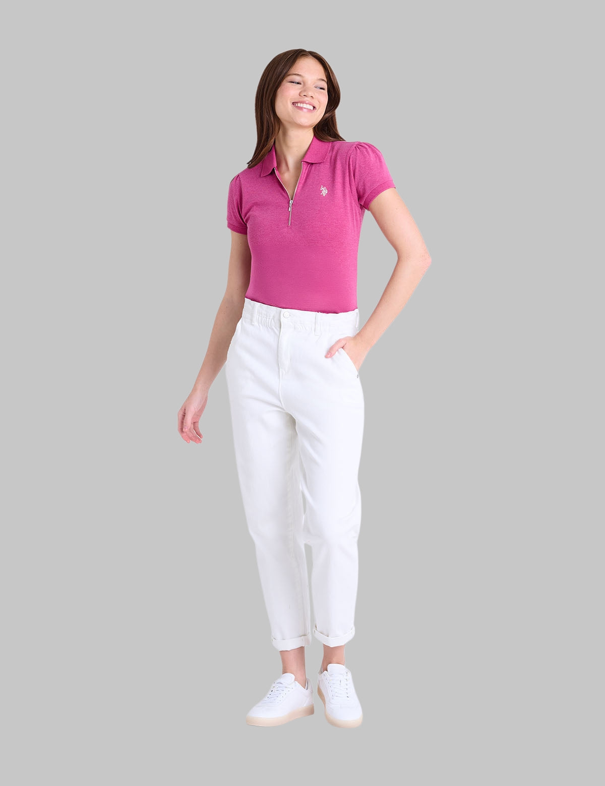 HALF ZIP PUFF SLEEVE HEATHER POLO SHIRT