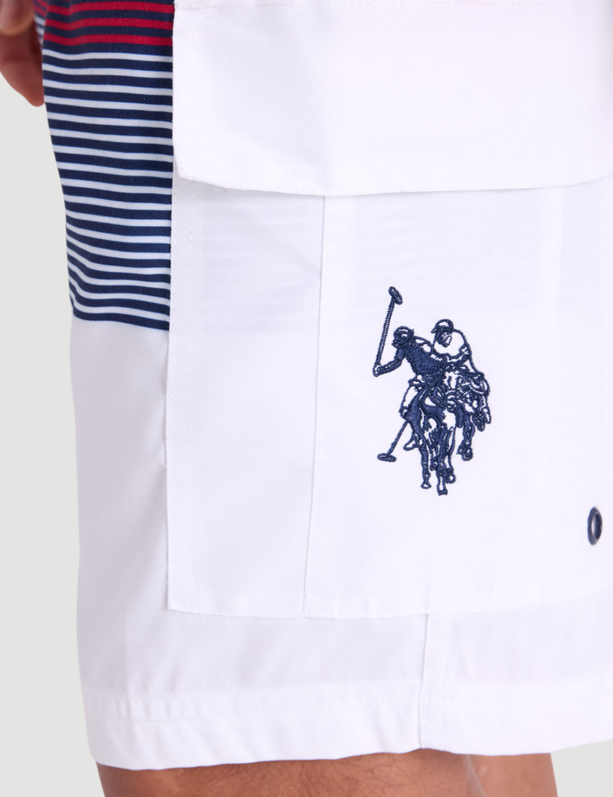 10" COLORBLOCK STRIPE CARGO SWIM SHORTS