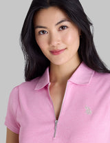 HALF ZIP PUFF SLEEVE HEATHER POLO SHIRT