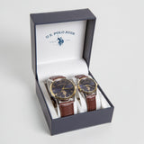 HIS AND HERS BROWN STRAP BLUE DIAL WATCH SET,USC2621UO-0000A