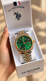 Immediate MENS TWO TONE LINK WATCH WITH GREEN DIAL,USC81002UO-0000A
