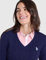 US.POLO.ASSN CABLE V-NECK SWEATER, 21W0007-EE00A