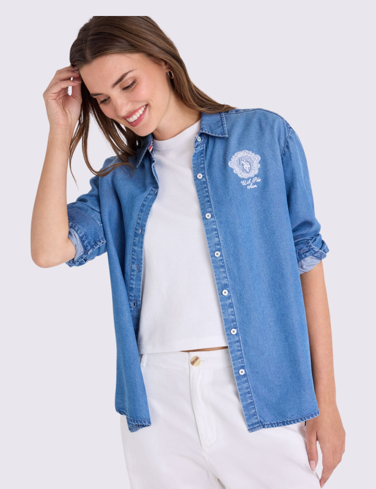 LONG SLEEVE OVERSIZED DENIM SHIRT WITH CREST,21H0050-MP00A