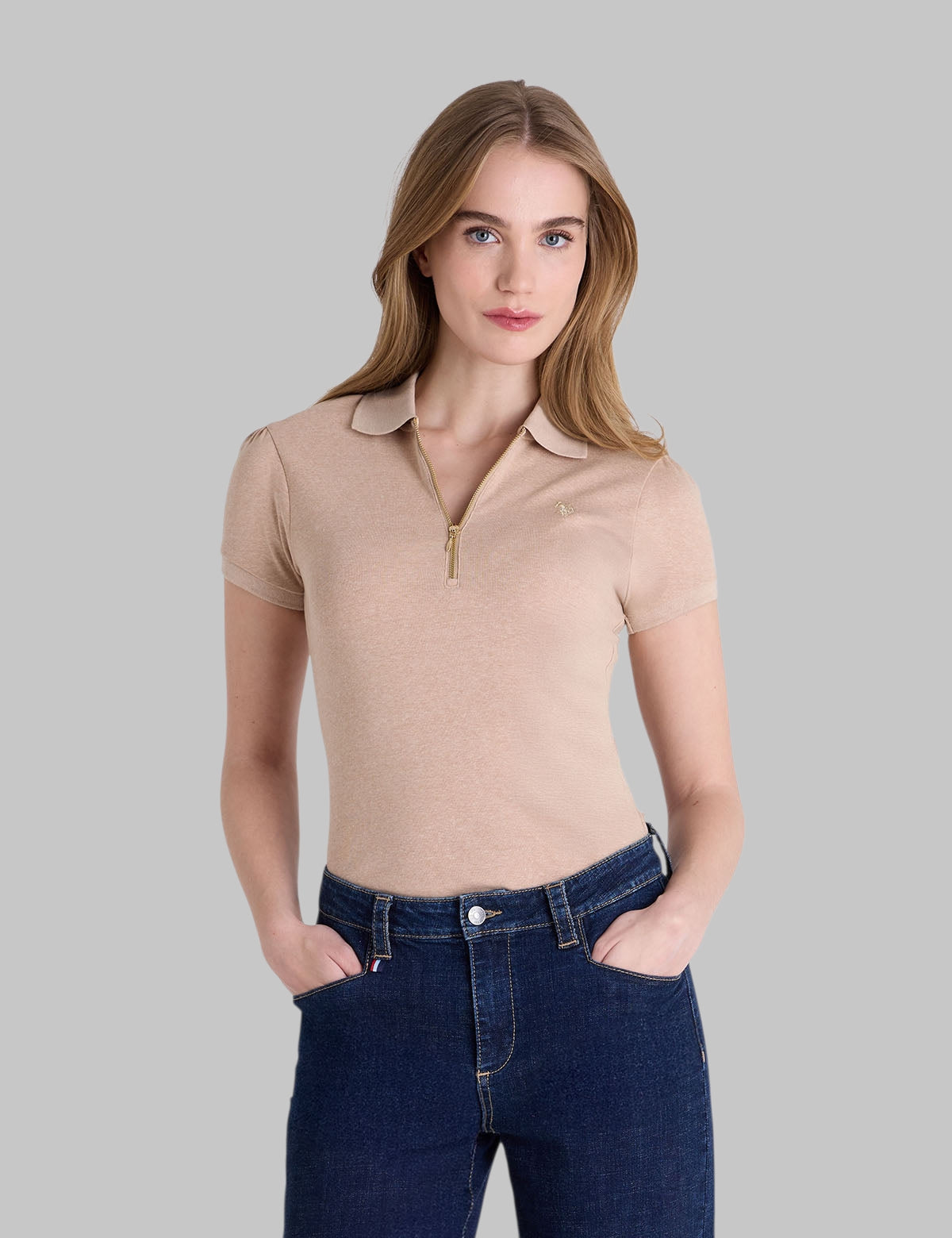 HALF ZIP PUFF SLEEVE HEATHER POLO SHIRT