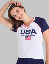 USA RAGLAN SLEEVE V-NECK T-SHIRT,21T0108-1D00A