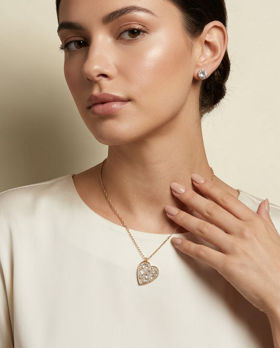 Immediate Guess Heart Pendant Necklace & Stud Earrings Set
