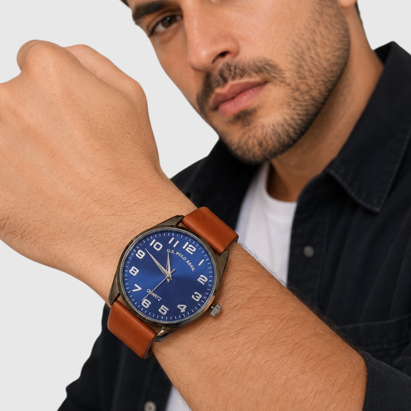 MENS BROWN STRAP WATCH WITH NAVY FACE,USC50763UO-0000A